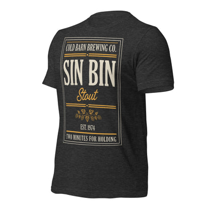 Beer League Sin Bin Stout brewery label t-shirt — Dark Grey Heather, front-right