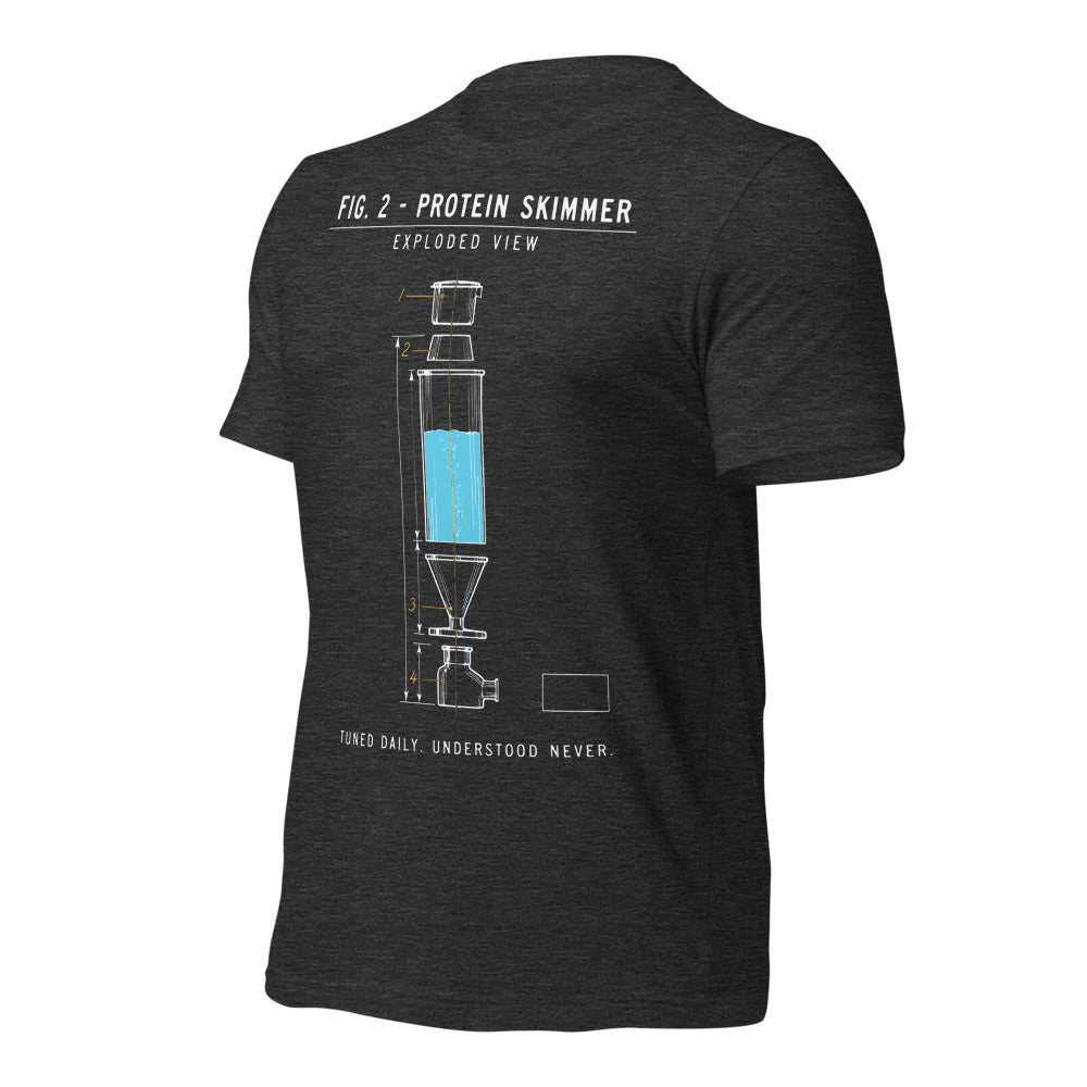 Protein Skimmer Exploded View reef tank saltwater aquarium t-shirt — Dark Grey Heather, front-right
