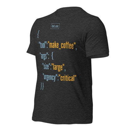 Tool Call Make Coffee AI engineer tee — Dark Grey Heather, front-right