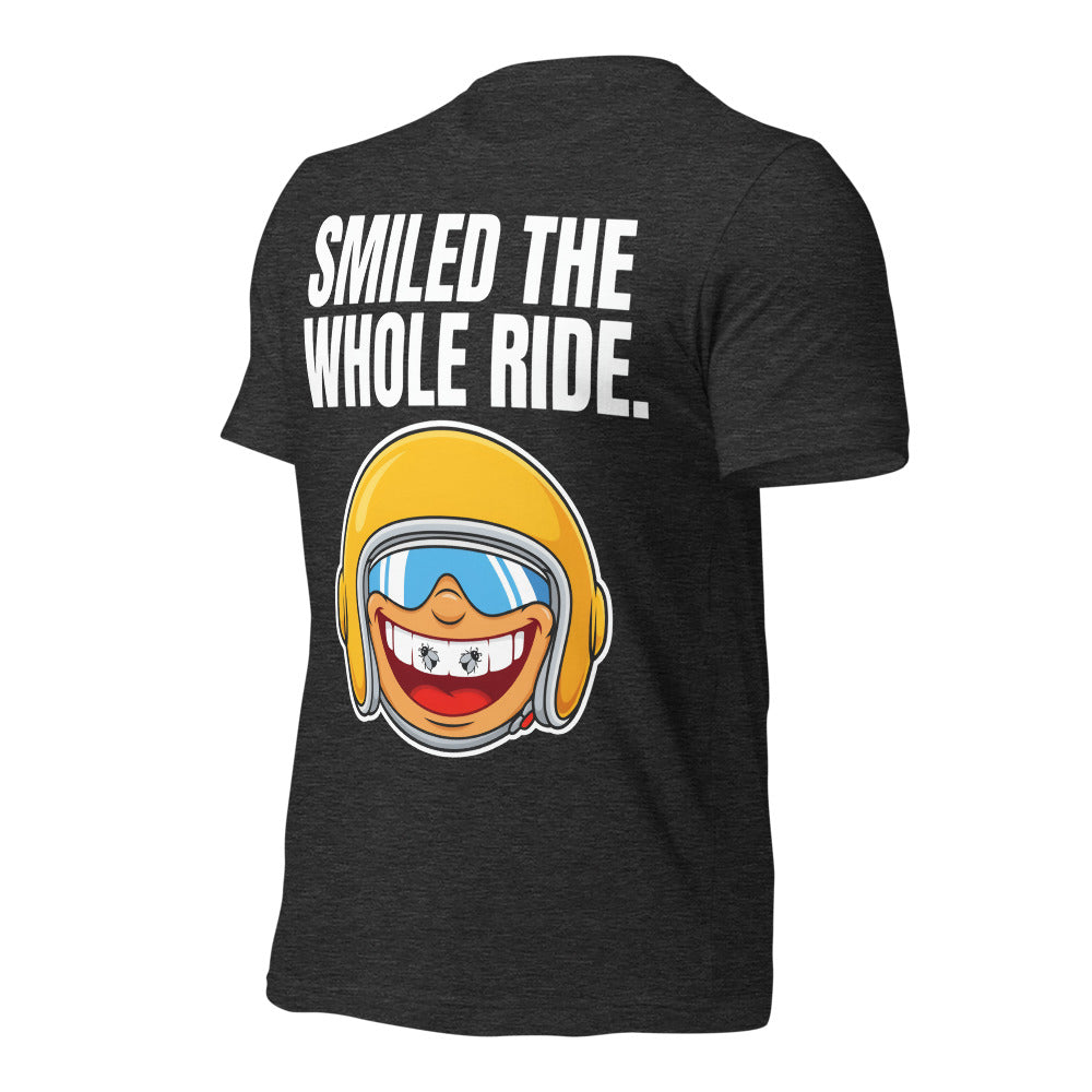 Smiled The Whole Ride funny motorcycle tee — Dark Grey Heather, front-right