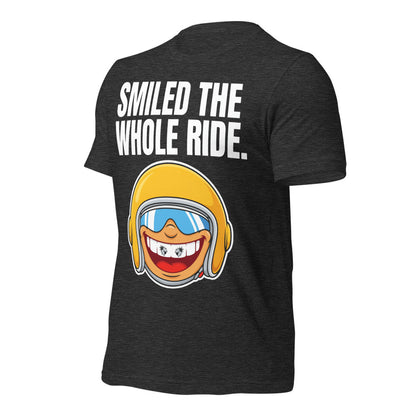 Smiled The Whole Ride funny motorcycle tee — Dark Grey Heather, front-right