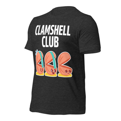 Clamshell Club funny physical therapy tee — Dark Grey Heather, front-right