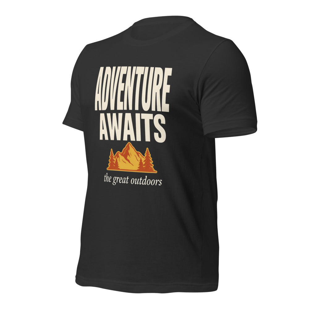 Adventure Awaits retro outdoors typography tee — Dark Grey, front right