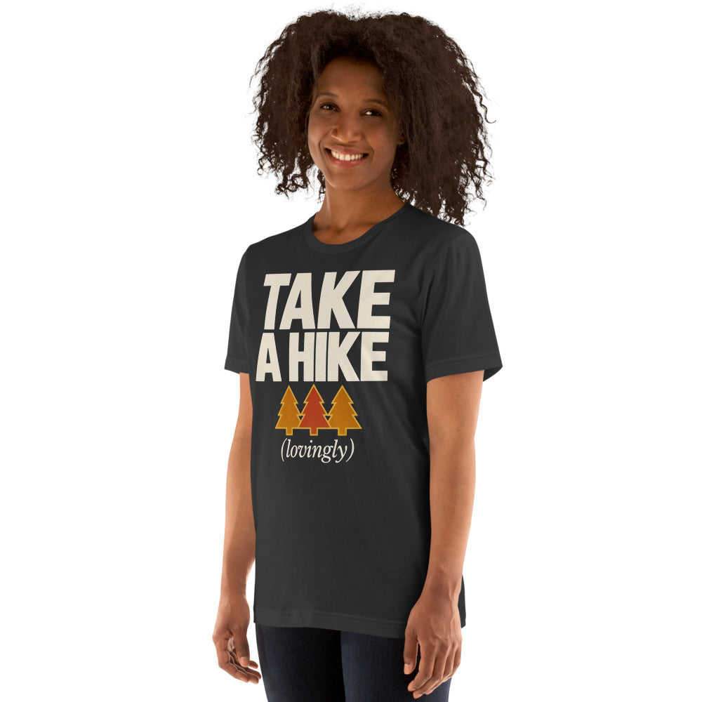 Take a Hike retro outdoors humor typography tee — Dark Grey, on model