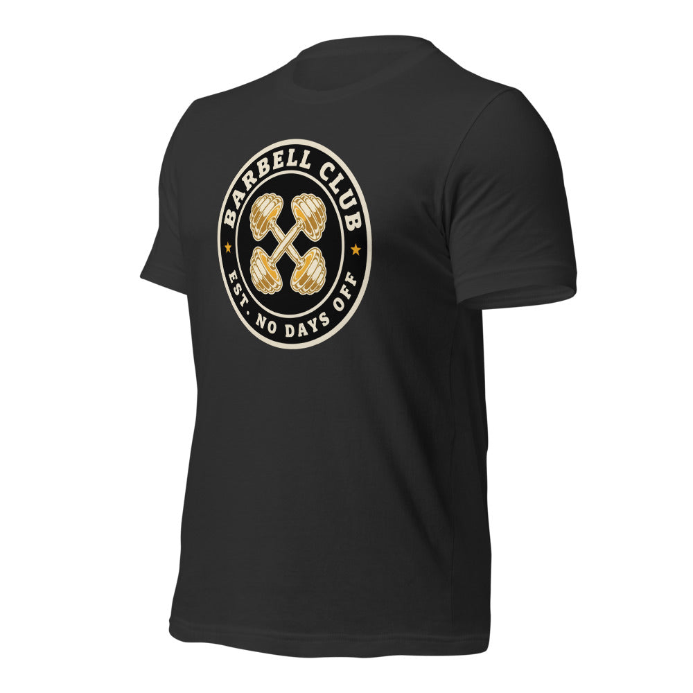 Barbell Club No Days Off vintage gym tee — Dark Grey, front-right