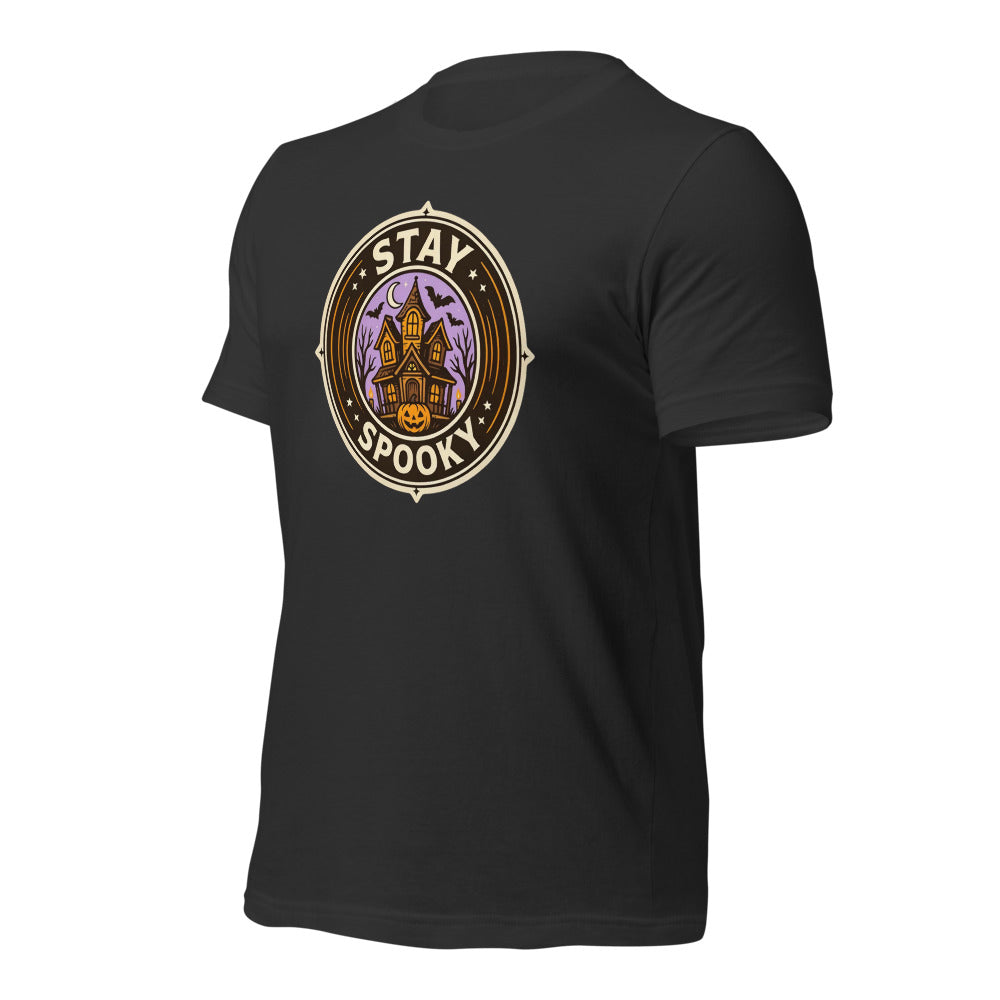 Stay Spooky retro Halloween vintage badge tee — Dark Grey, front-right