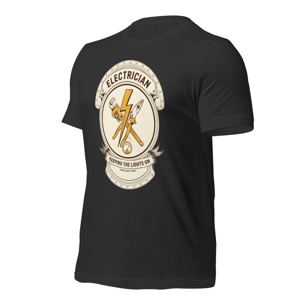 Electrician Journeyman trade crest tee — Dark Grey, front-right