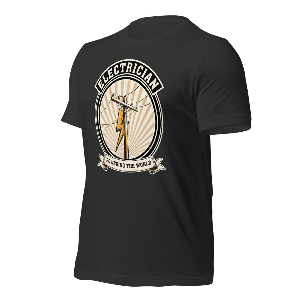 Powering The World electrician emblem tee — Dark Grey, front-right