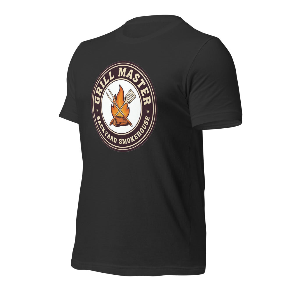 Grill Master retro backyard smokehouse tee — Dark Grey, front-right