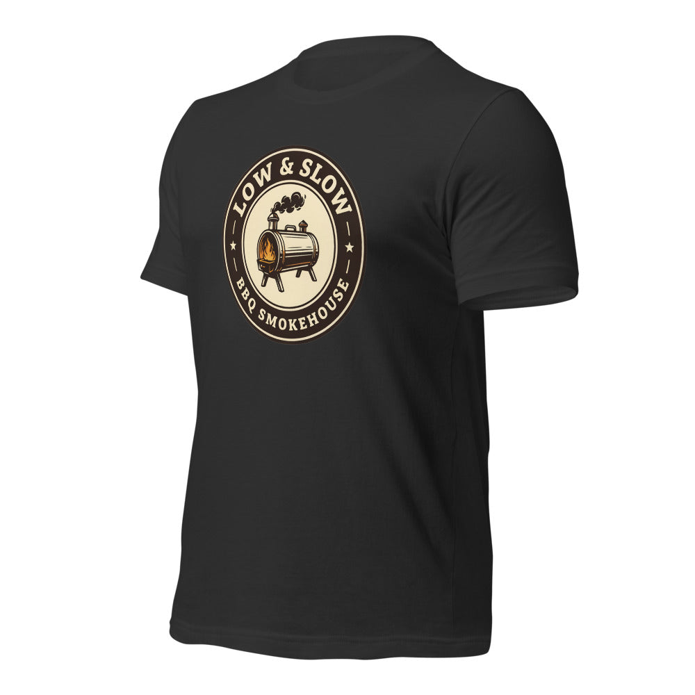 Low & Slow BBQ smoker tee — Dark Grey, front-right
