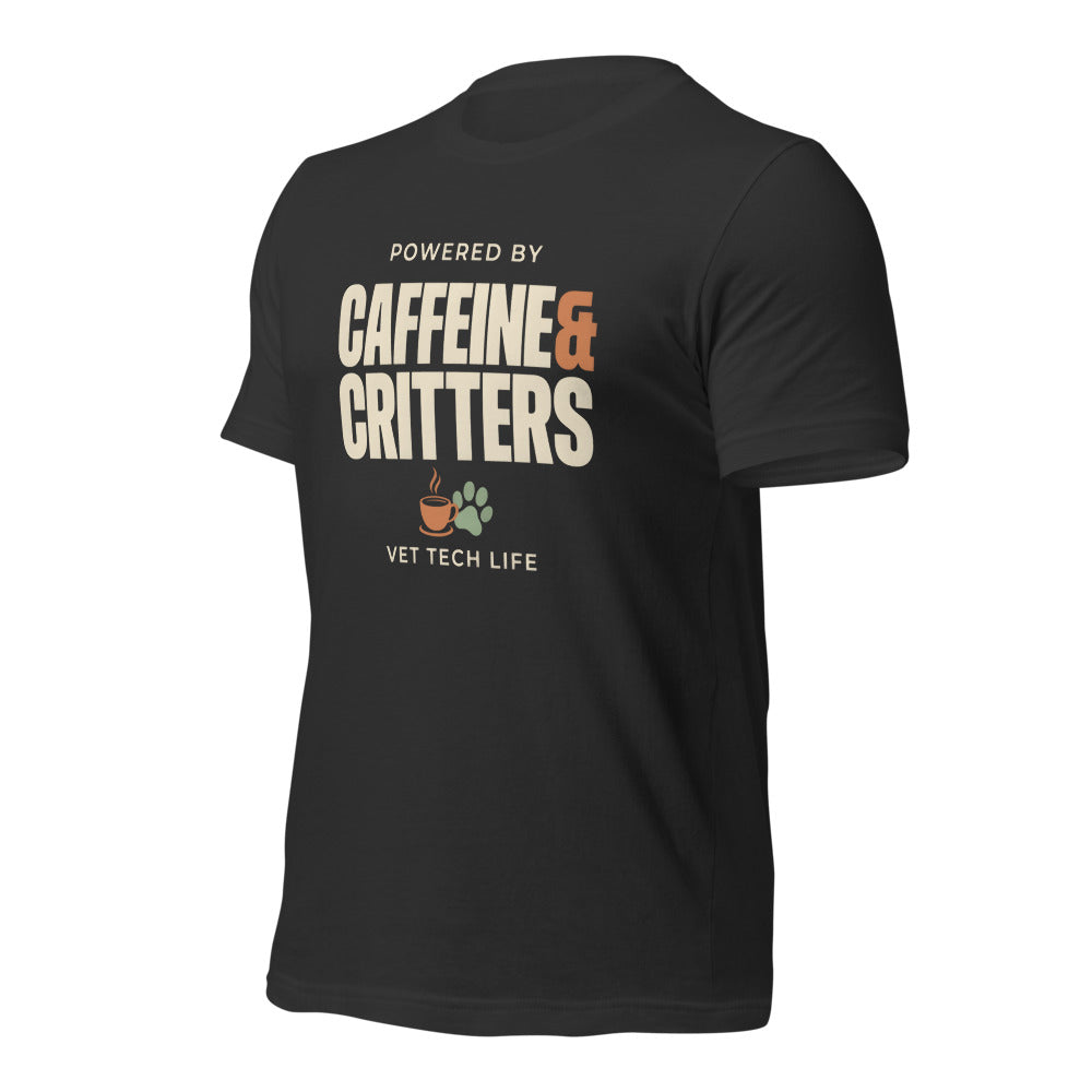 Powered by Caffeine & Critters funny vet tech tee — Dark Grey, front-right