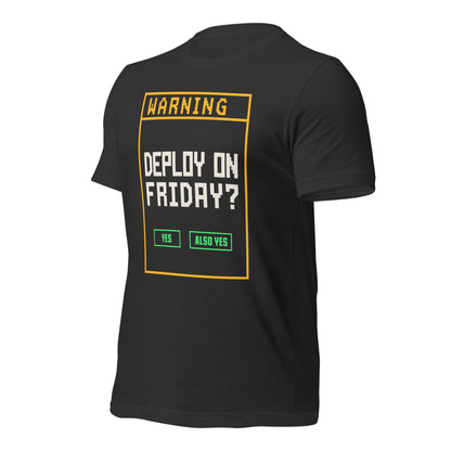 Deploy On Friday programmer tee — Dark Grey, front-right