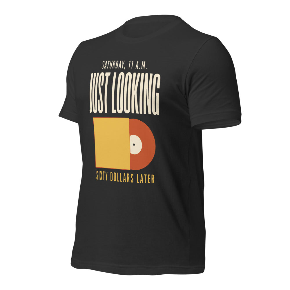 Just Looking Sixty Dollars Later vinyl record tee — Dark Grey, front-right