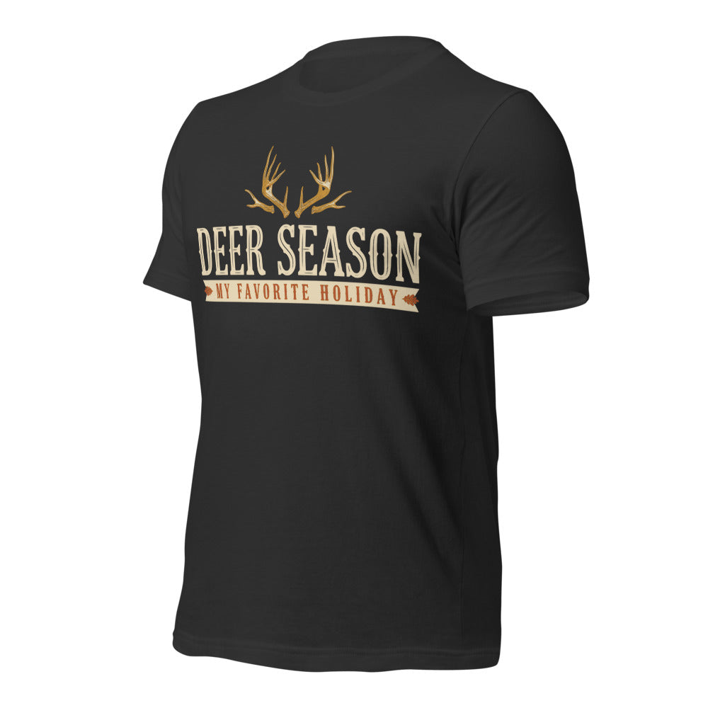 Deer Season My Favorite Holiday deer hunting tee — Dark Grey, front-right