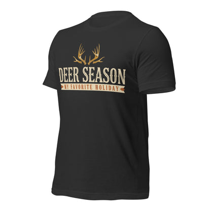 Deer Season My Favorite Holiday deer hunting tee — Dark Grey, front-right