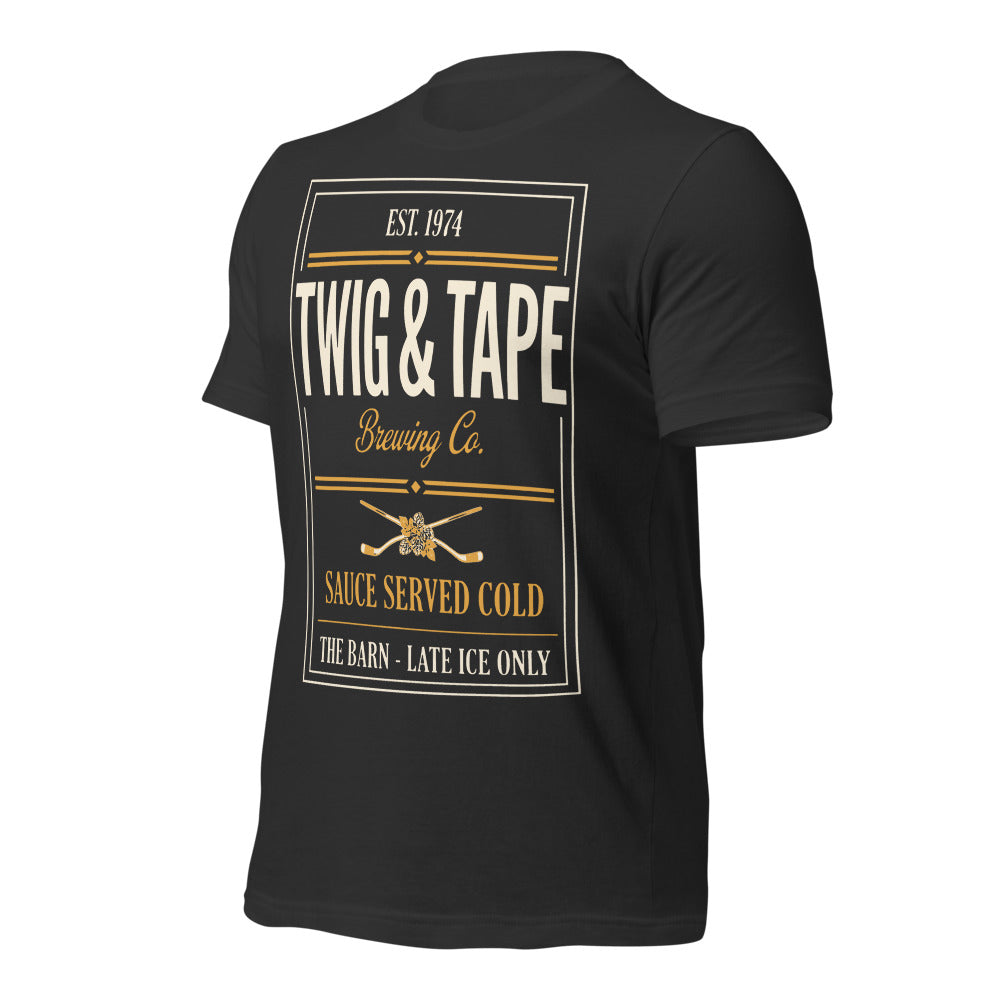 Twig and Tape Brewing Co. beer league hockey t-shirt — Dark Grey, front-right