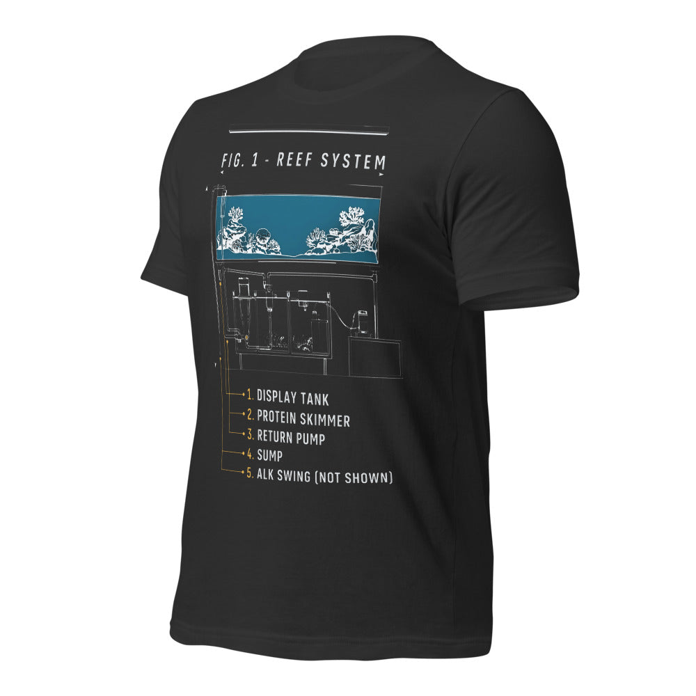 Reef System technical cutaway saltwater aquarium t-shirt — Dark Grey, front-right