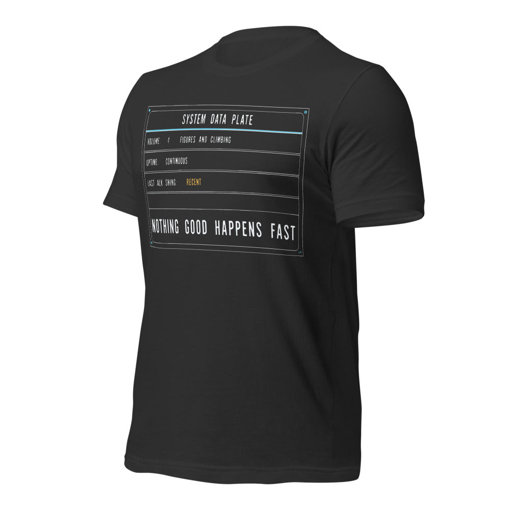 Nothing Good Happens Fast reef system data plate saltwater aquarium t-shirt — Dark Grey, front-right