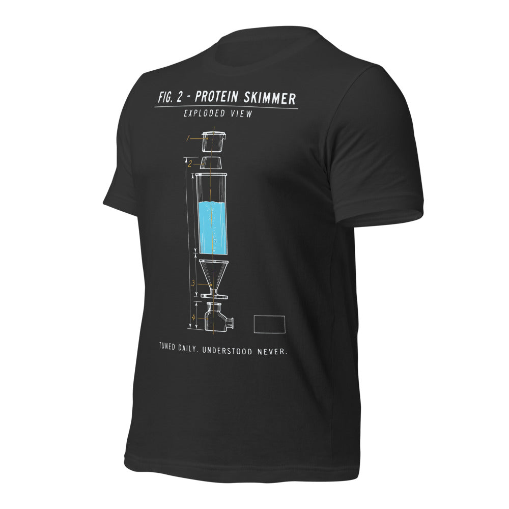 Protein Skimmer Exploded View reef tank saltwater aquarium t-shirt — Dark Grey, front-right