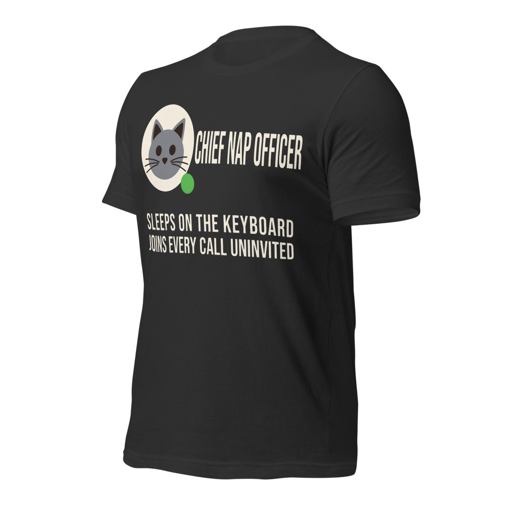 Chief Nap Officer cat profile card unisex t-shirt — Dark Grey, front-right