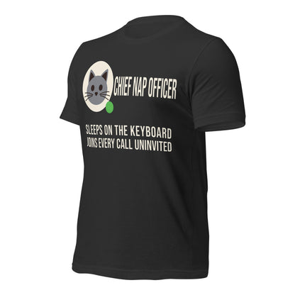 Chief Nap Officer cat profile card unisex t-shirt — Dark Grey, front-right