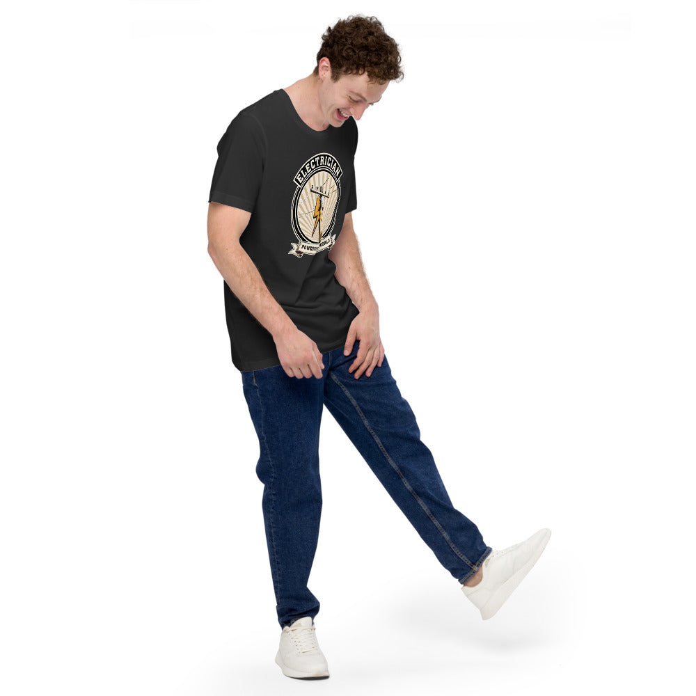 Powering The World electrician emblem tee — Dark Grey, on model