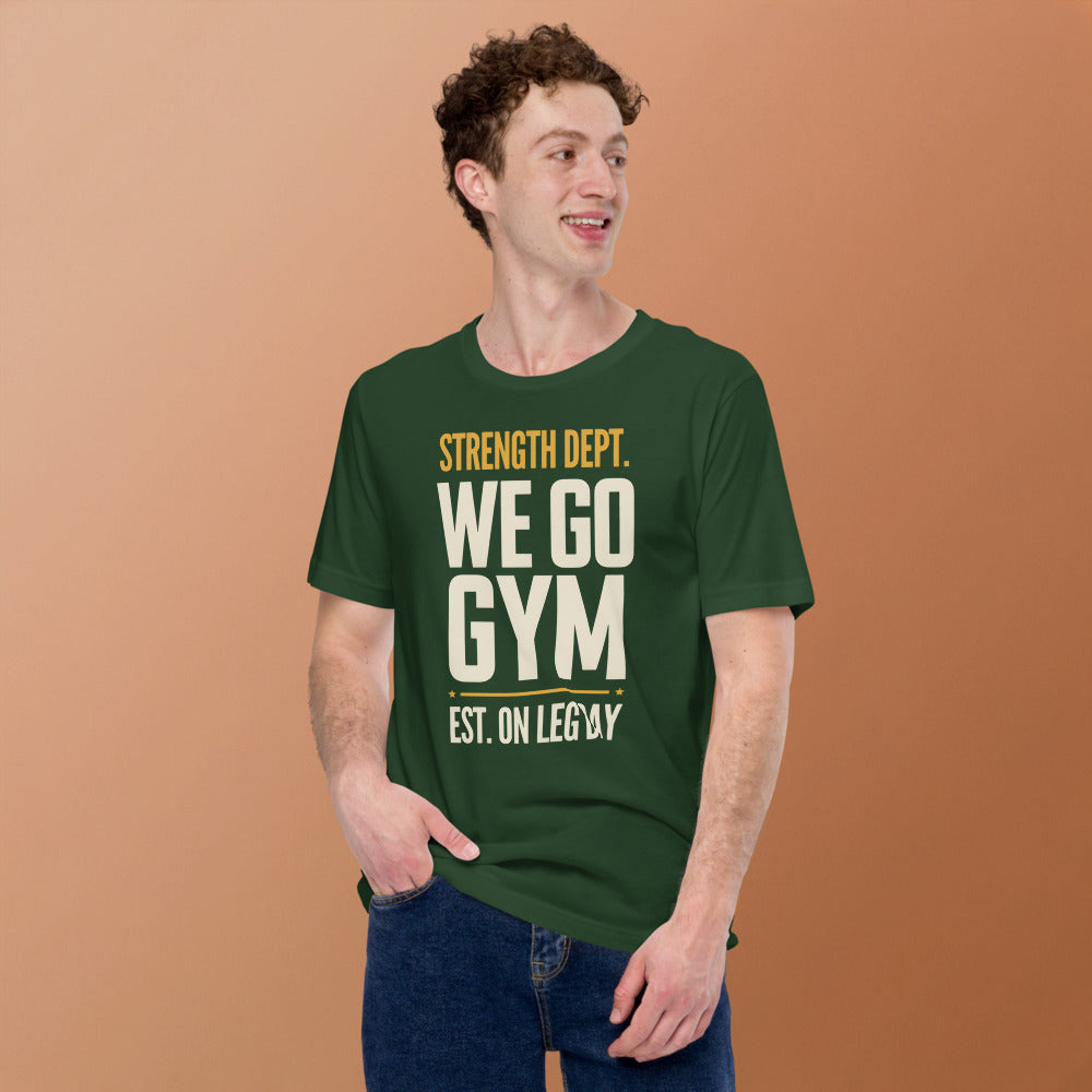 We Go Gym vintage athletic gym tee — Forest, model