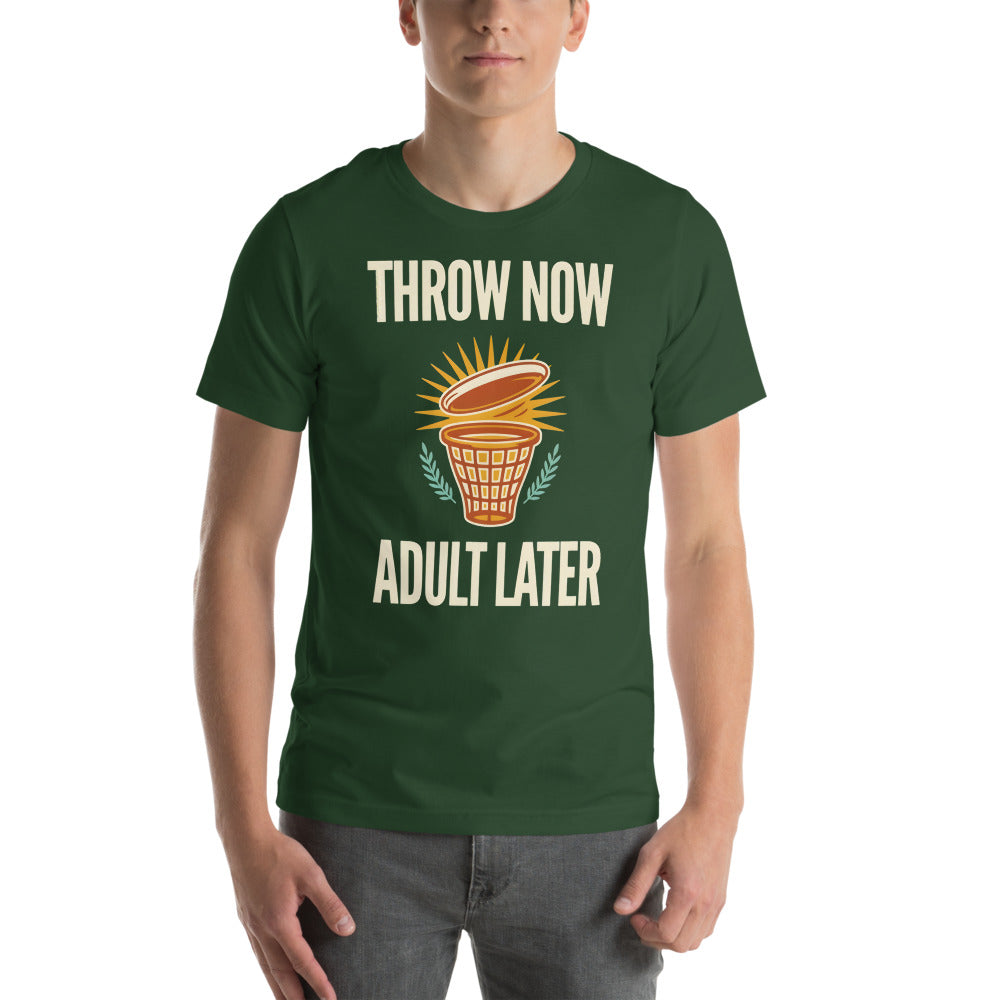 Throw Now Adult Later disc golf retro tee on model — Forest