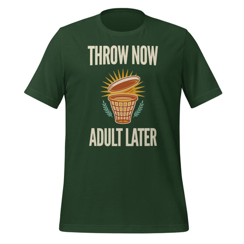 Funny Disc Golf Shirt, Throw Now Adult Later Tee, Disc Golf Gift — Retro Badge Humor Tee