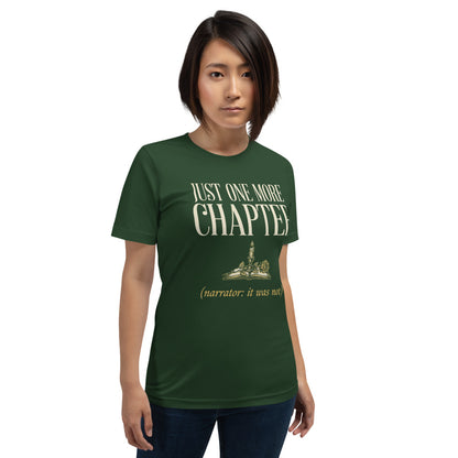 Just One More Chapter book lover dark academia tee — Forest, on model
