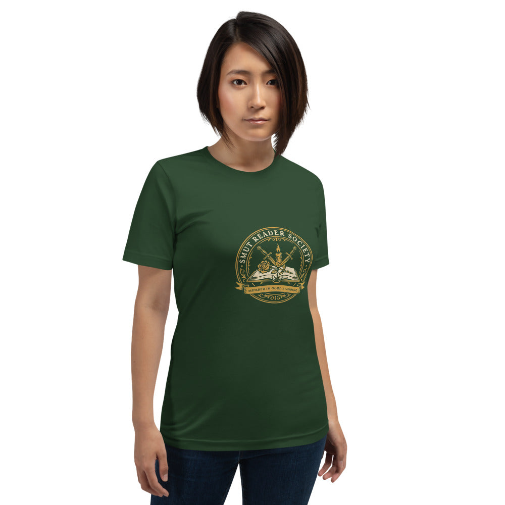 Smut Reader Society book lover dark academia tee — Forest, on model