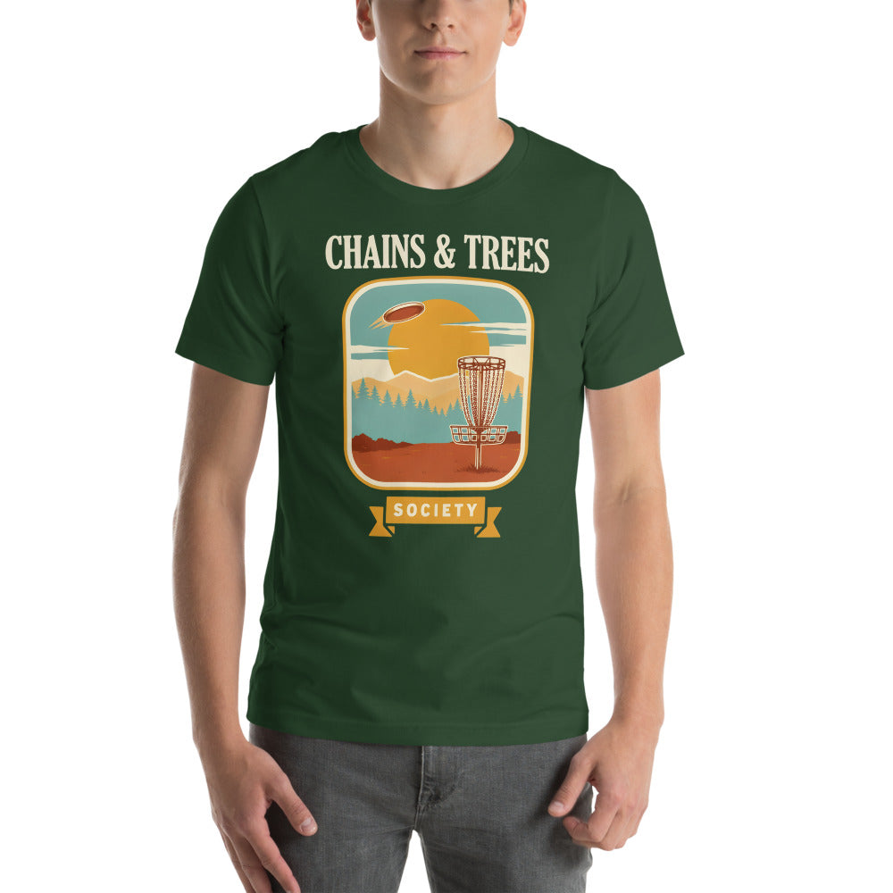 Chains & Trees Society disc golf retro landscape tee — Forest, model