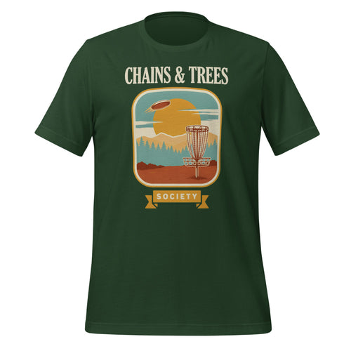 Disc Golf Shirt, Retro Disc Golf Nature Tee, Disc Golf Gift — Chains & Trees Society Landscape Badge Tee