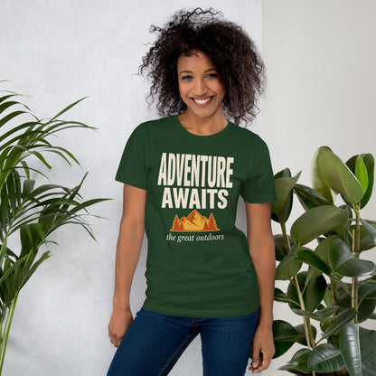 Adventure Awaits retro outdoors typography tee — Forest, on model