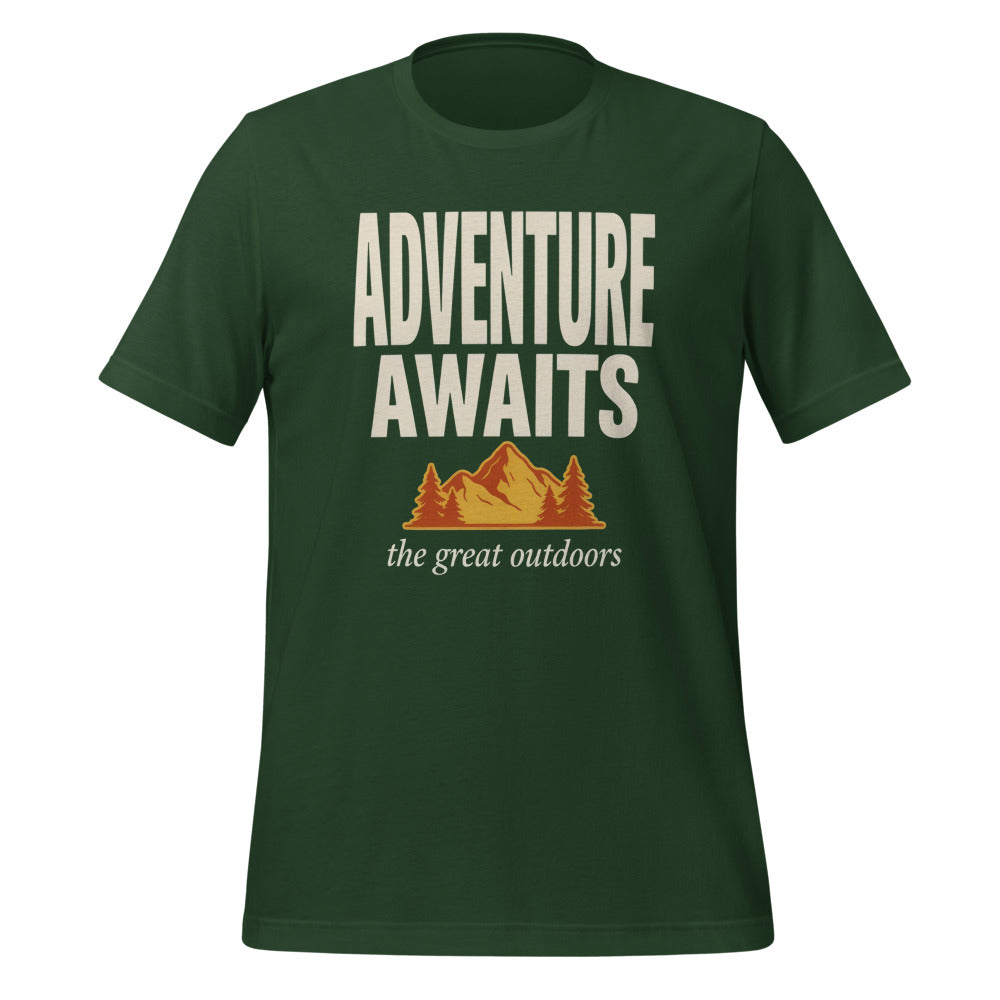 Adventure Awaits retro outdoors typography tee — Forest, front