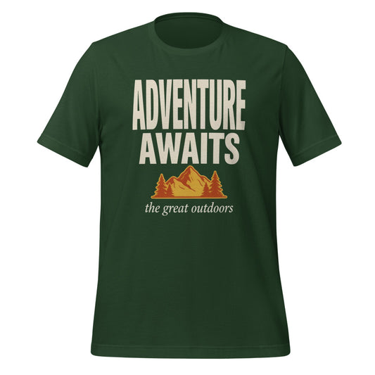 Adventure Awaits retro outdoors typography tee — Forest, front