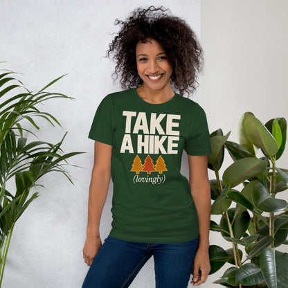 Take a Hike retro outdoors humor typography tee — Forest, on model