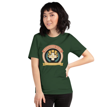 Registered Nurse vintage healthcare emblem badge tee — Forest, on model