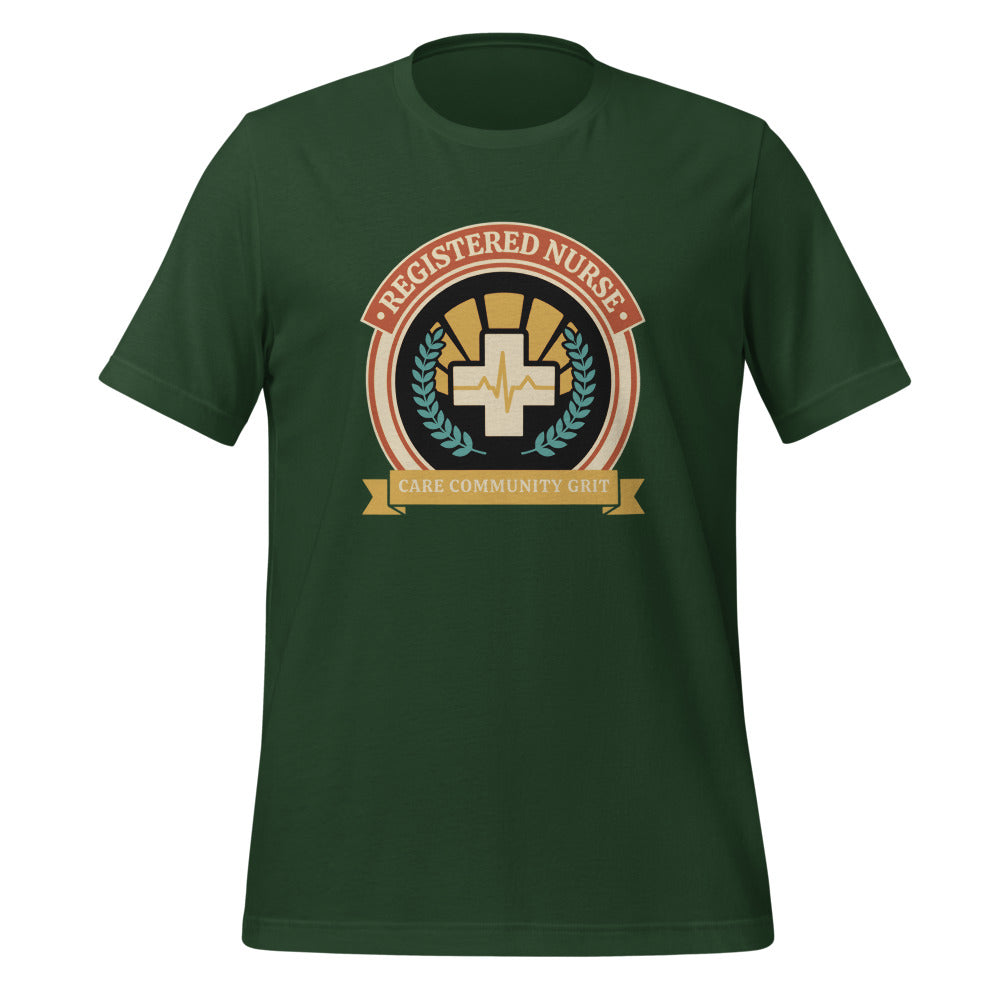 Registered Nurse vintage healthcare emblem badge tee — Forest, front