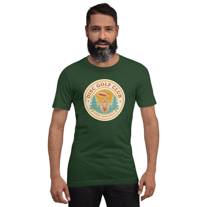Disc Golf Club retro badge tee — Forest, on model