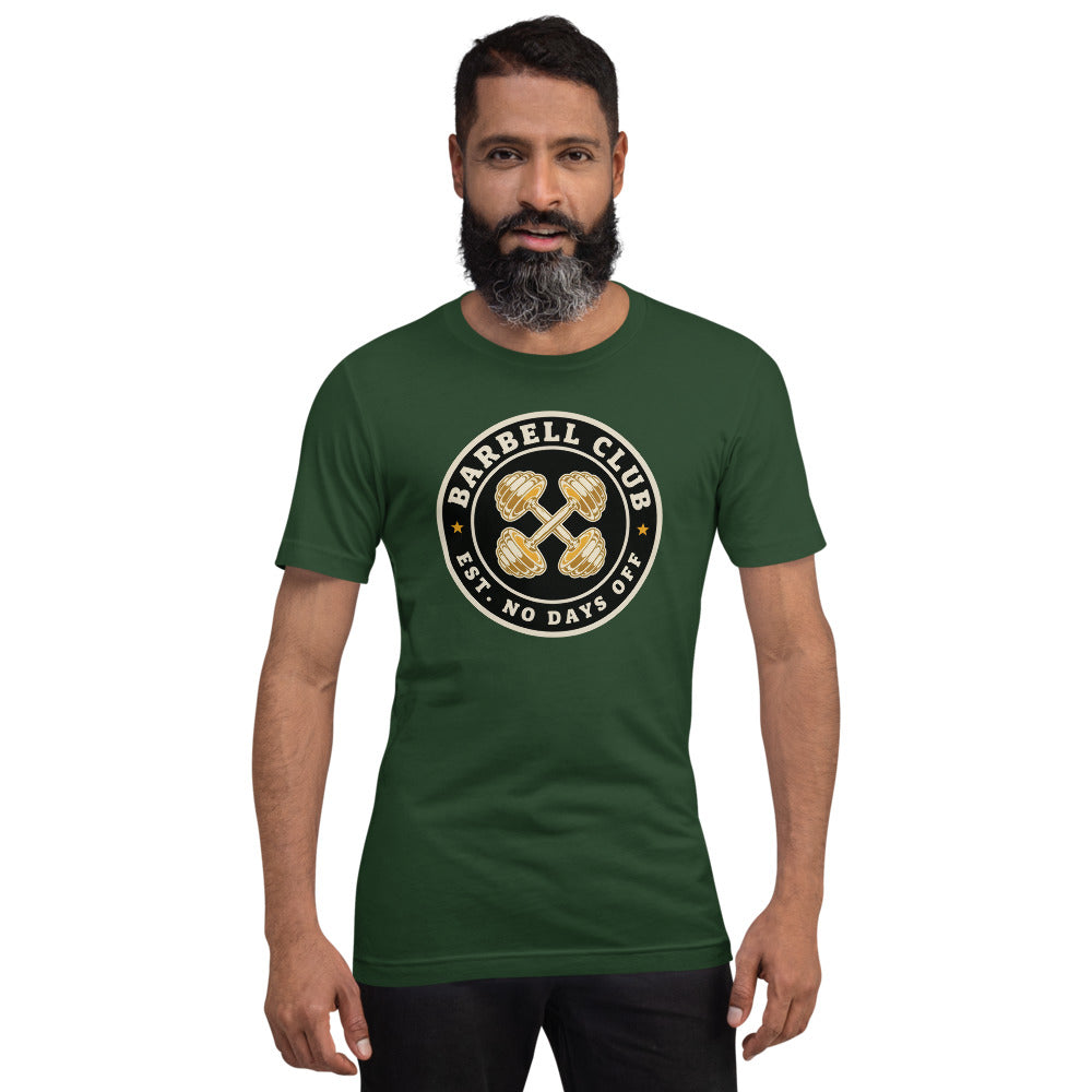 Barbell Club No Days Off vintage gym tee — Forest, on model