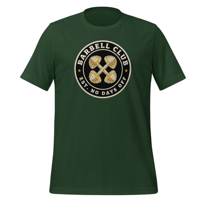 Barbell Club No Days Off vintage gym tee — Forest, front