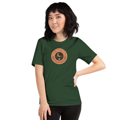 Night Shift Society retro registered nurse badge tee — Forest, on model