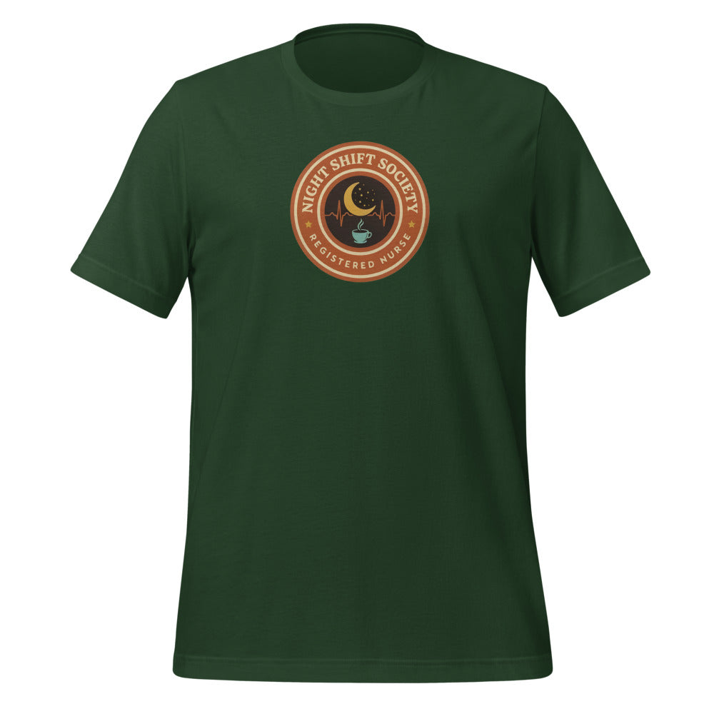 Night Shift Society retro registered nurse badge tee — Forest, front