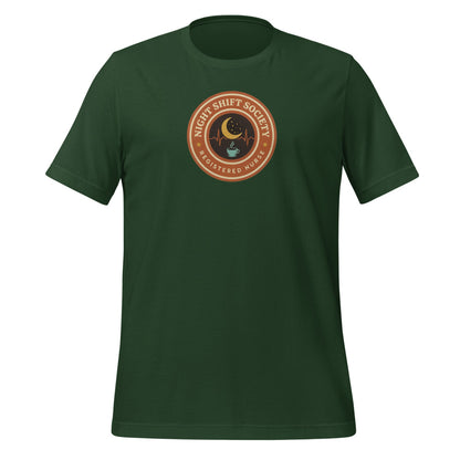 Night Shift Society retro registered nurse badge tee — Forest, front
