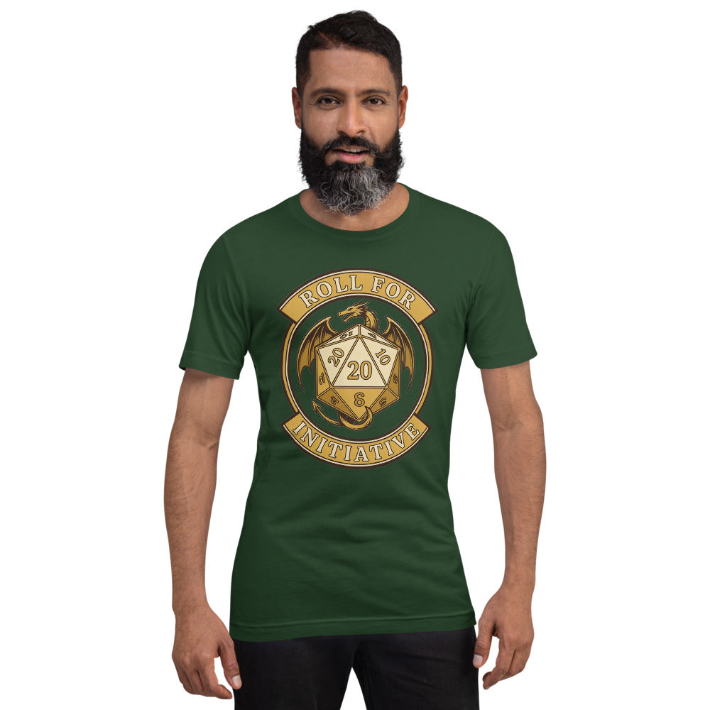 Roll For Initiative d20 dragon tabletop RPG tee — Forest, on model