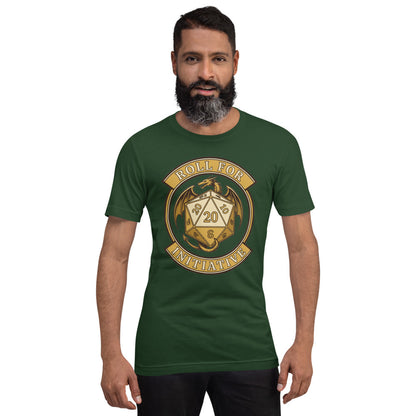 Roll For Initiative d20 dragon tabletop RPG tee — Forest, on model