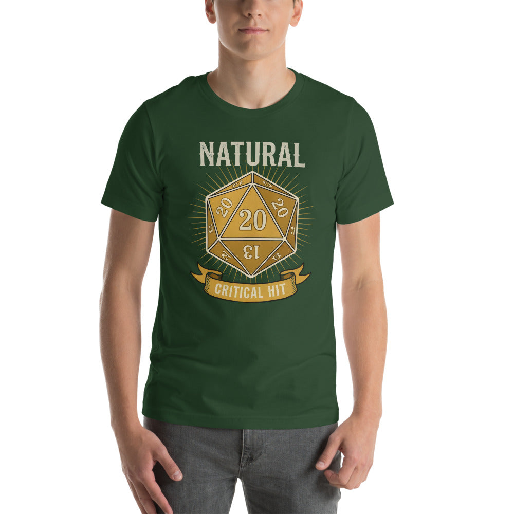 Natural 20 critical hit d20 tabletop RPG tee — Forest, on model