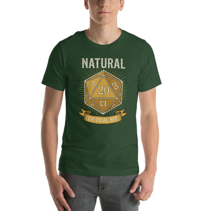Natural 20 critical hit d20 tabletop RPG tee — Forest, on model