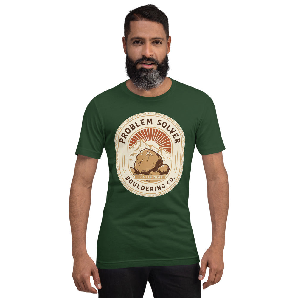 Problem Solver Bouldering Badge t-shirt — Forest, on model